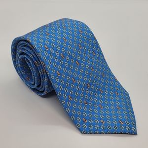 LEELAUS 100% Silk Blue Tie Nautical Theme All Over Orange Anchor Pattern Print